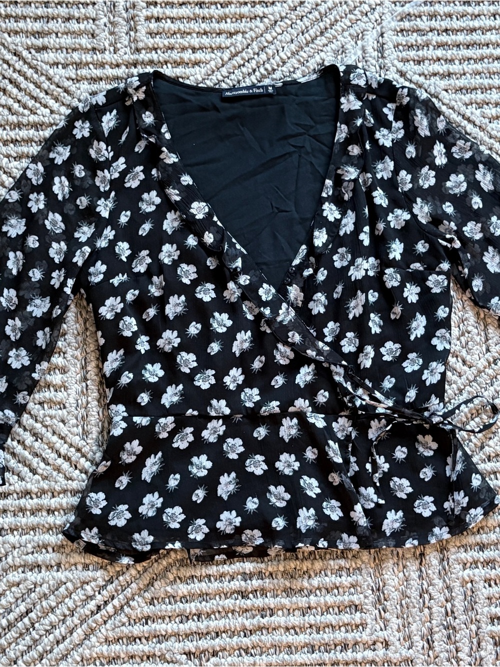 Abercrombie & Fitch Black and White Floral Wrap Peplum Blouse
